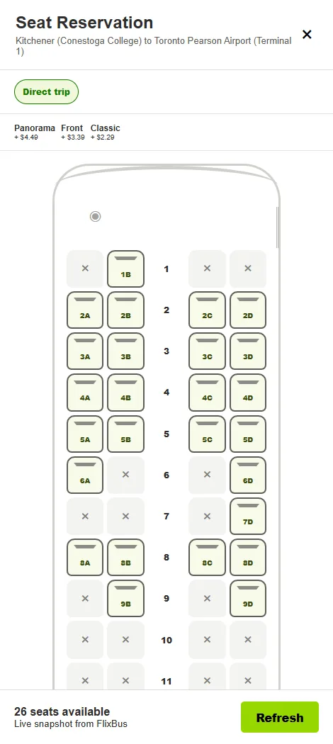 FlixSeats showing the vehicle layout and 26 available seats for a real trip