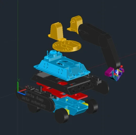 Exploded CAD view showing the rover base, body, rotating arm, and gripper