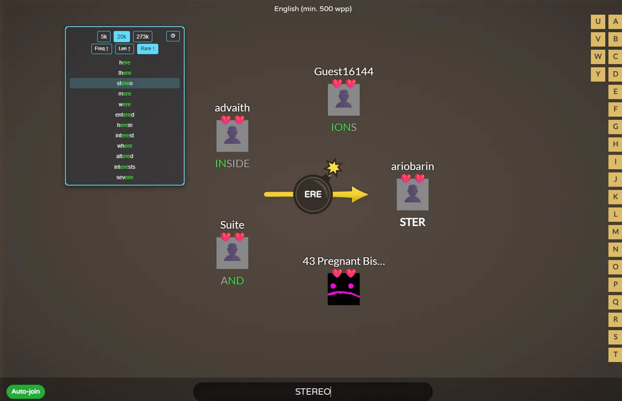 Bomb Party game showing the helper's ranked word suggestions for the ERE prompt
